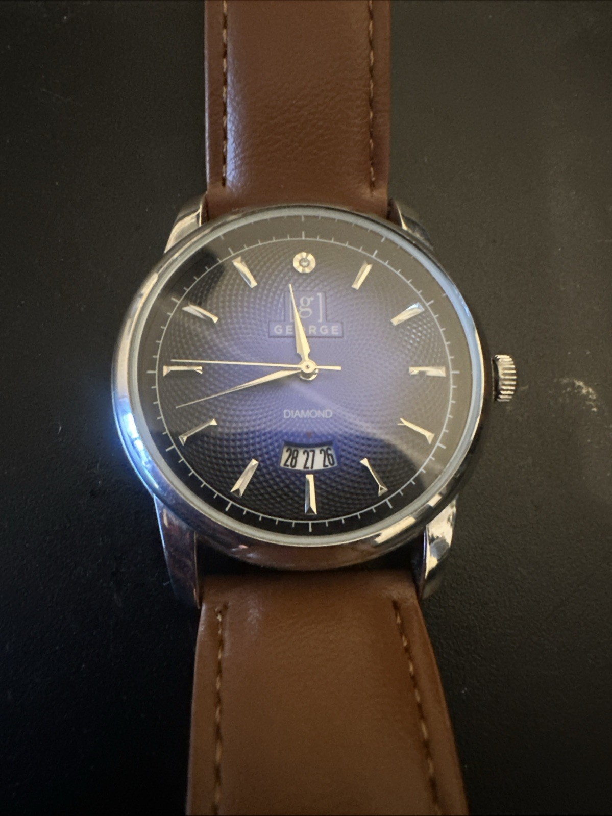 George Diamond Men’s Quartz Wristwatch Blue Dial Date Brown Leather Strap 40mm