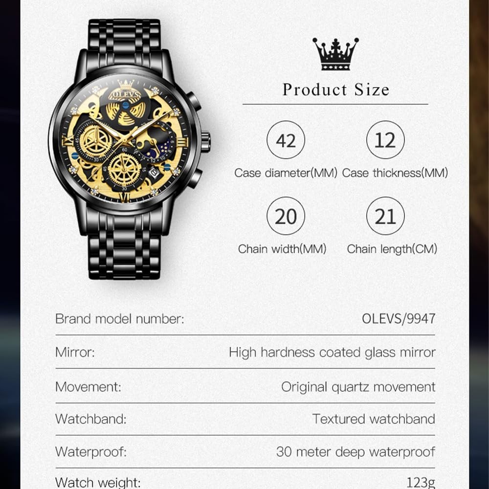 Men’s Skeleton Chronograph Watch – Stainless Steel, Waterproof, Luxury Analog, D