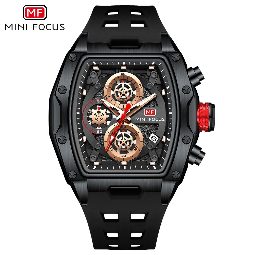 MINI FOCUS Men Tonneau Skeleton Multifunction Chronograph Calendar Quartz Watch
