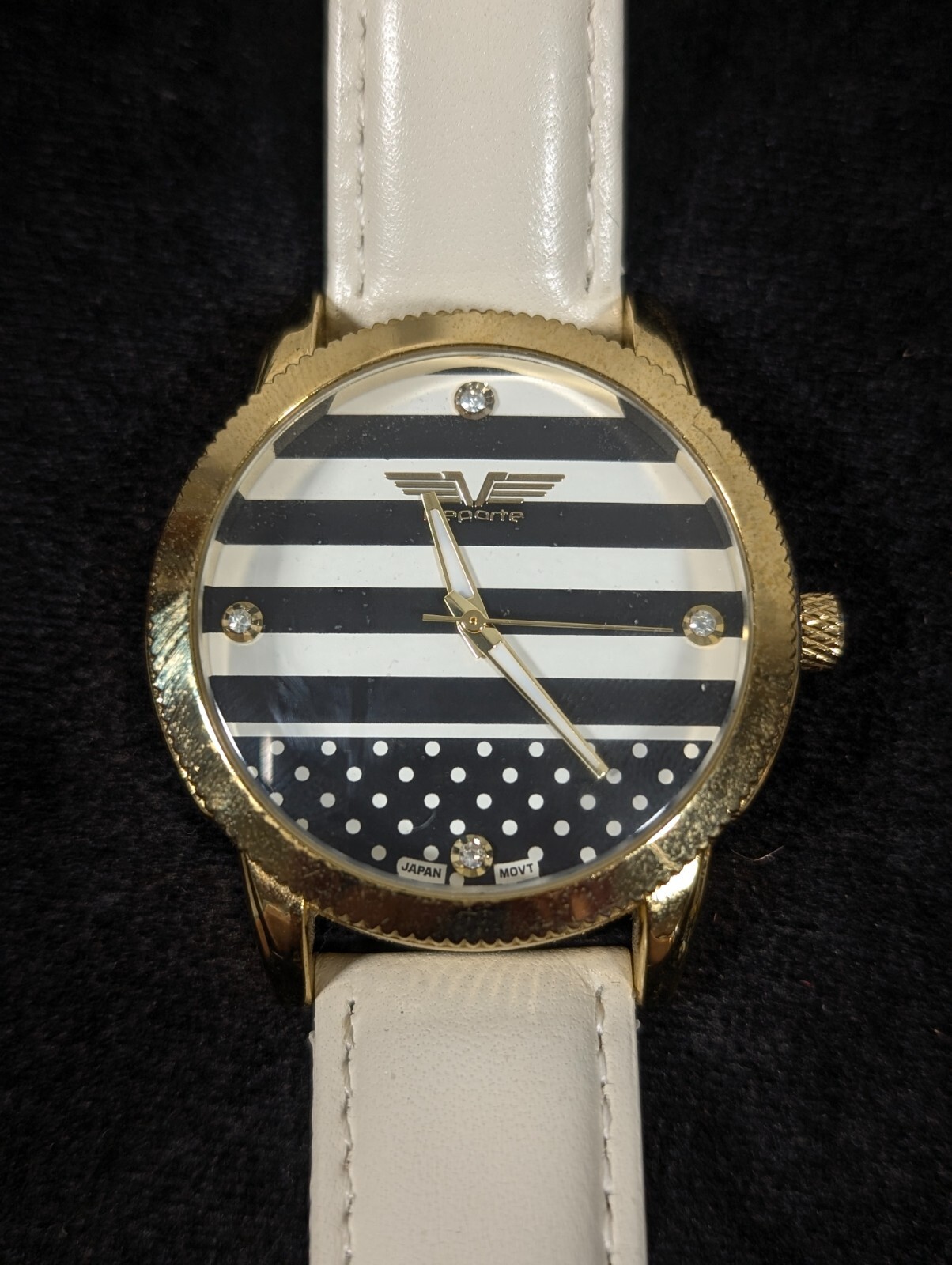 Deporte Womens Off White Leather Blue Stripe Gold Tone Round Case Watch 40mm