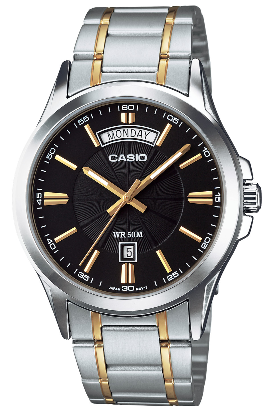 Casio MTP-1381G-1AV Men’s Gold Stainless Steel Black Dial Watch, Day Date 50M WR