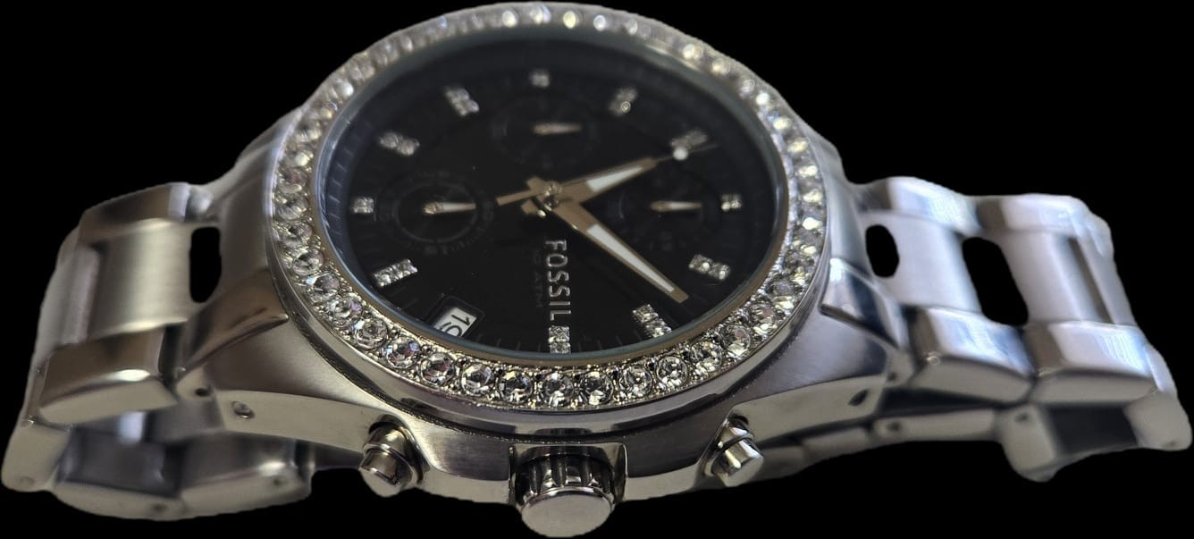 Fossil Women Quartz Dress Watch Black Dial Diamond Markers Date Steel 100m