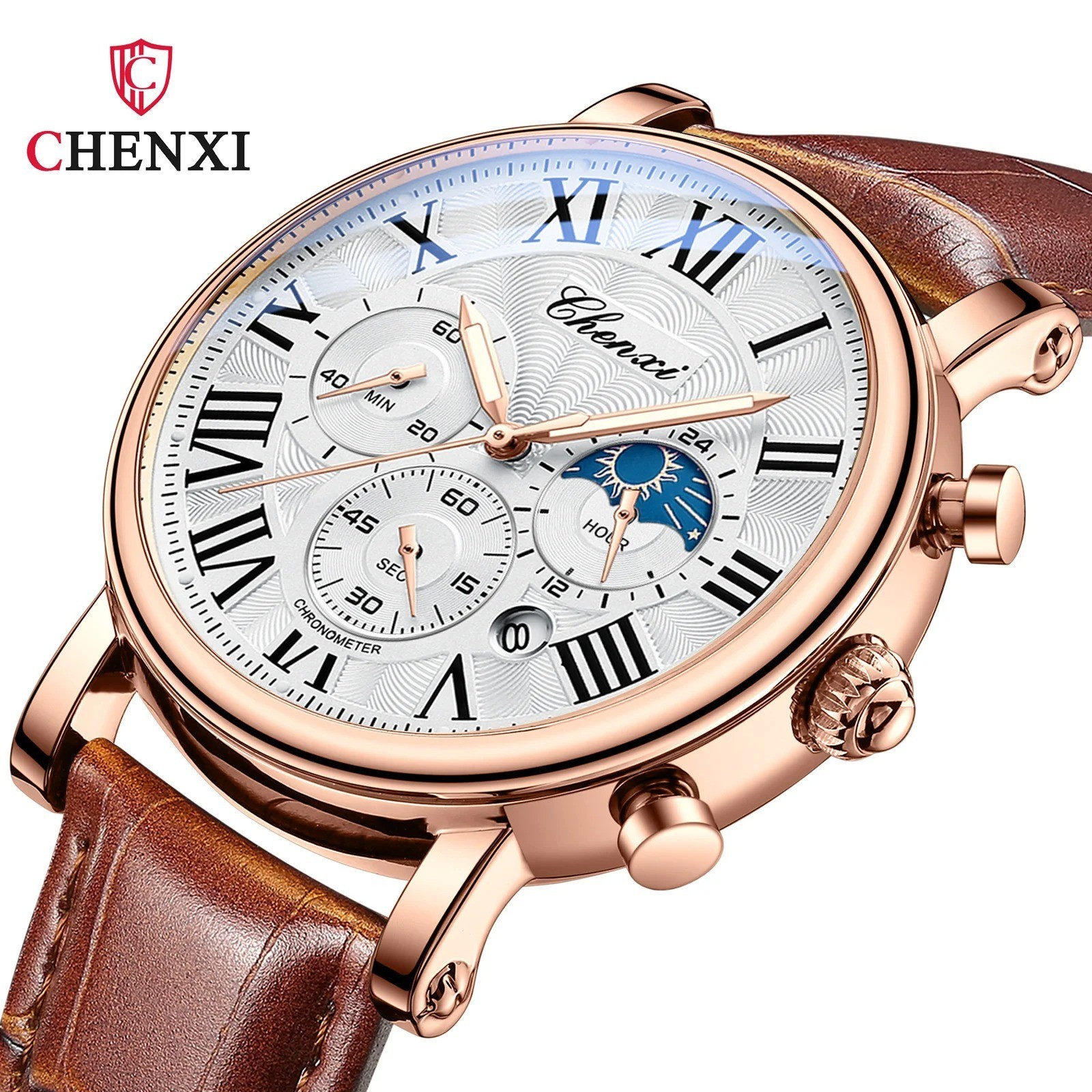 CHENXI 973 Men Quartz Watch Fashion Business Multi-function Moon Phase Date Rome