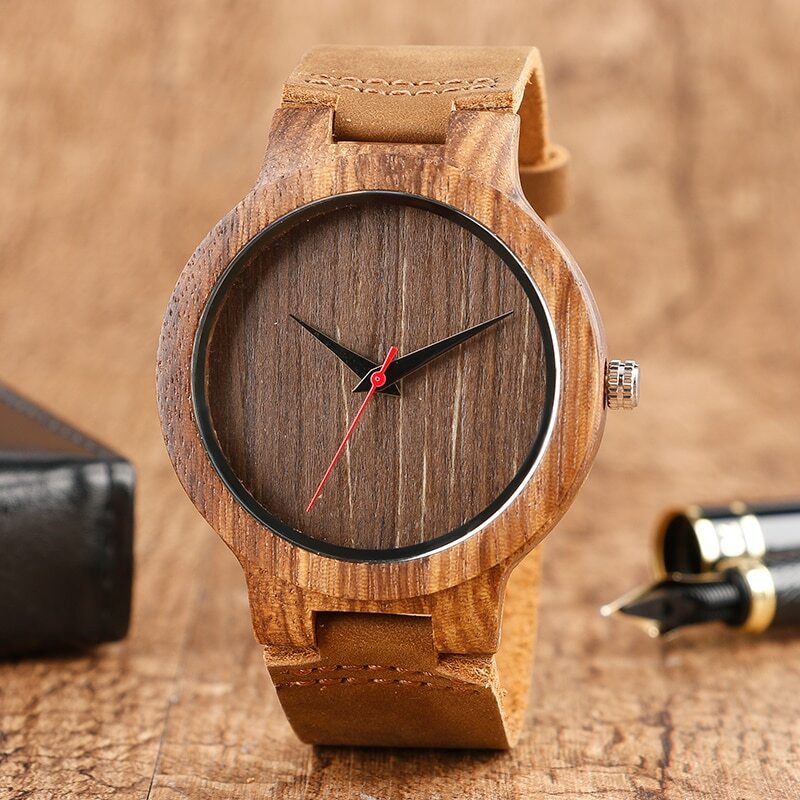 Black Coffee Green Dial Natural Bamboo Wood Watch – Quartz Wristwatch For Men