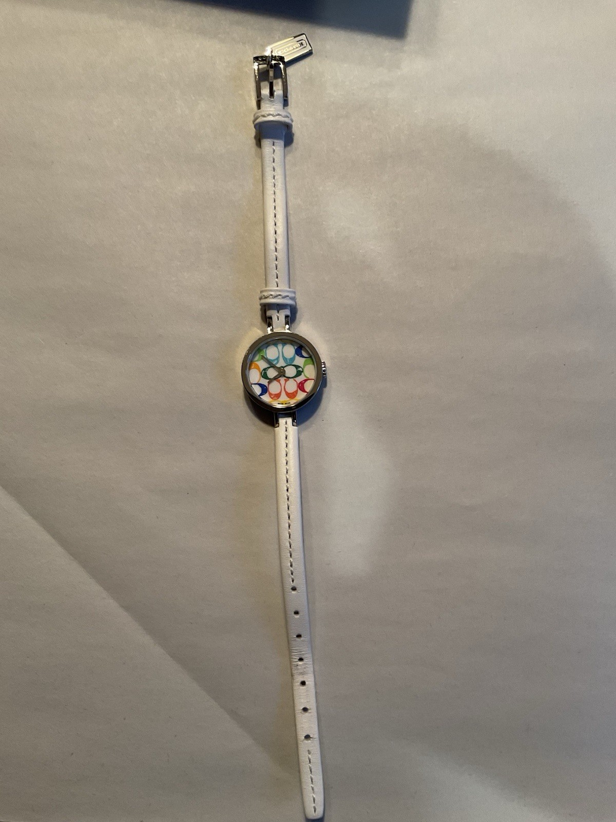 Coach Scribbles Watch Multicolor Logo Dial White Band Swiss Made Needs Battery
