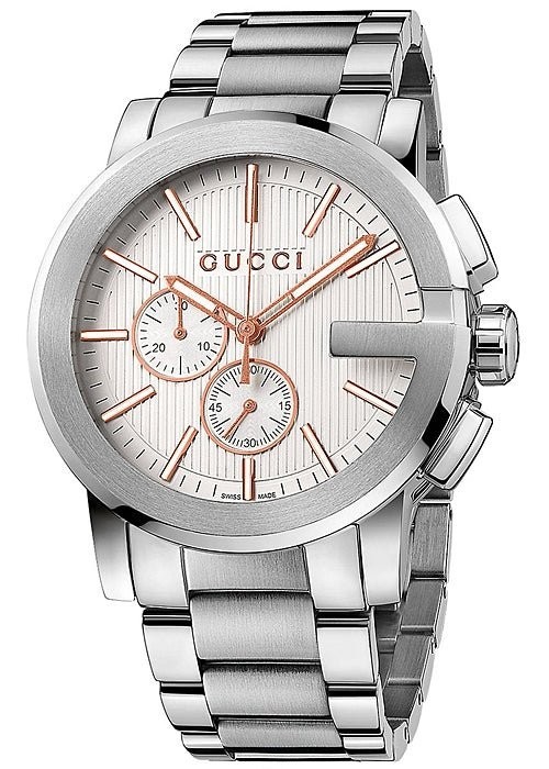 Gucci G Chronograph Silver Dial Silver Strap Watch For Men – Model # YA101201