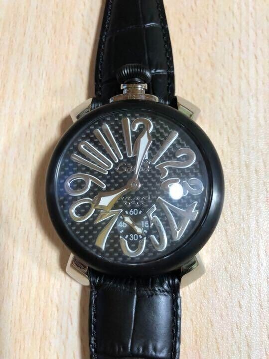Watch GaGa Milano Manuale 48MM PVD Carbon 5013.01S Men’s Black Leather Band