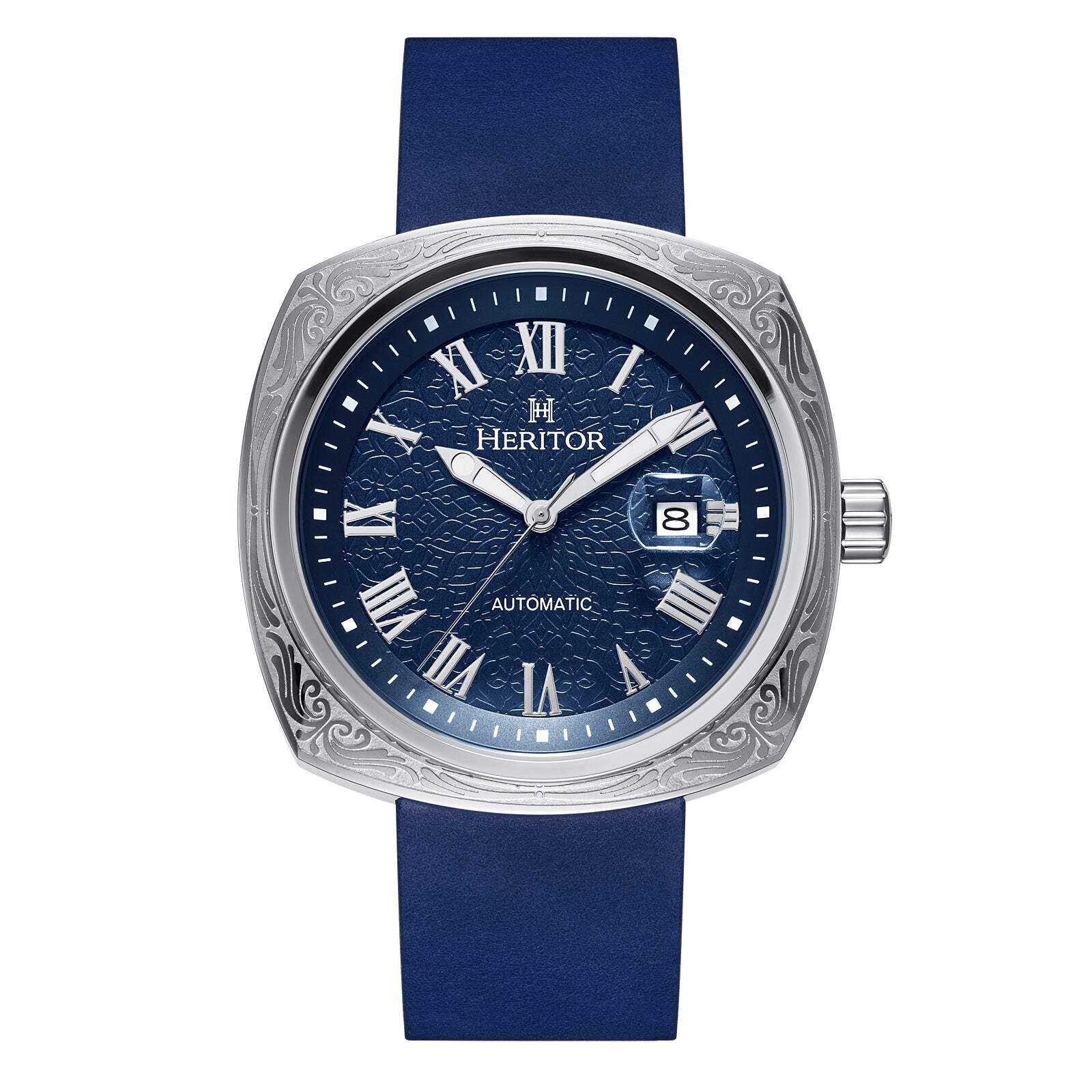 Davenport Engraved-Case Leather-Band Watch w/ Date Silver/Blue | Blue Dial Wrist
