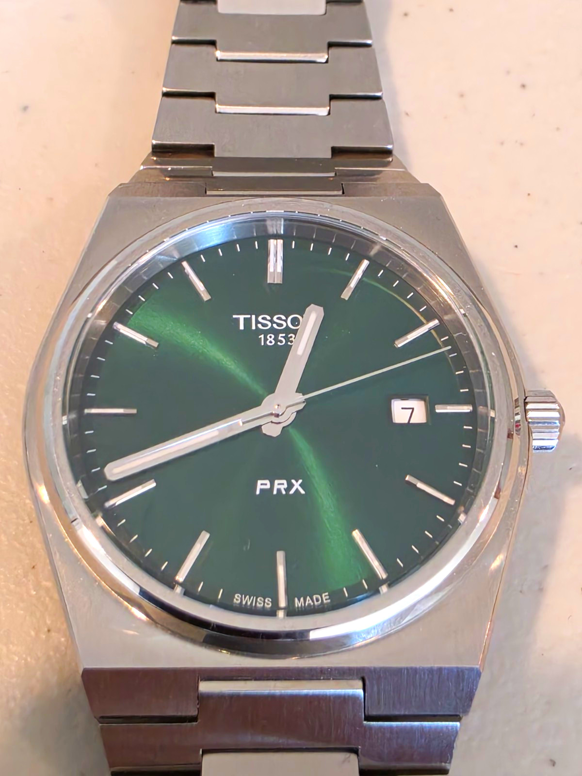 Tissot PRX 40mm Quartz Date Green Dial Stainless Steel Silver Bracelet Watch