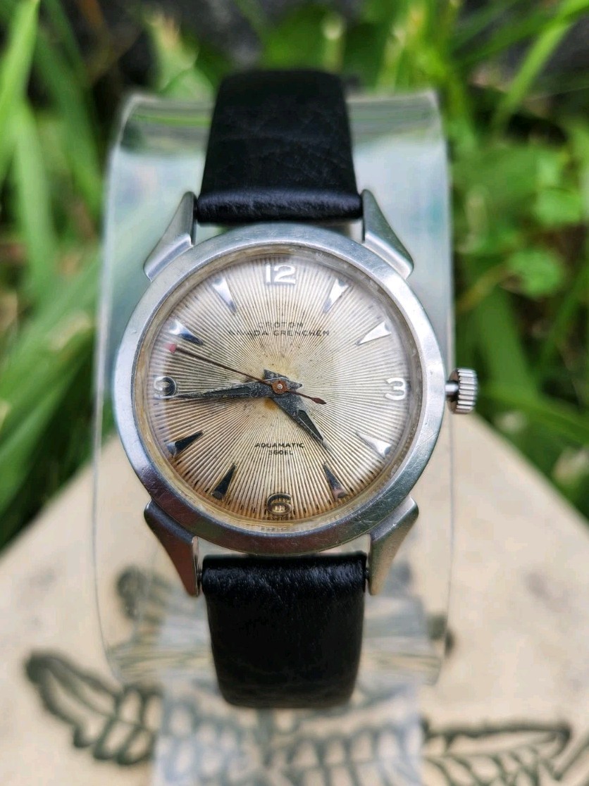 Vtg 1950’s Croton Nivada Grenchen Aquamatic 360EL Men’s 31mm Sunburst E3SE Watch