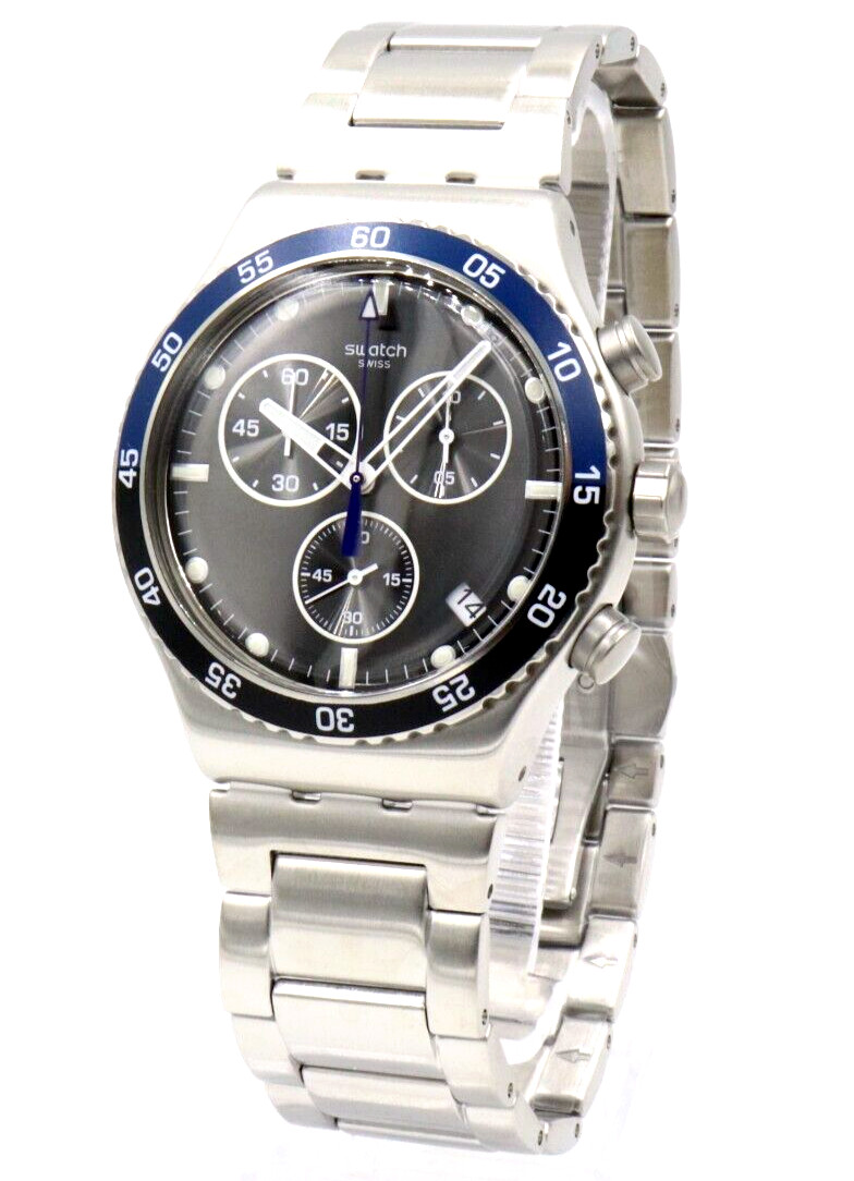 New Swiss Swatch DARK BLUE IRONY Steel Chronograph Men Watch 45mm YVS507G $210