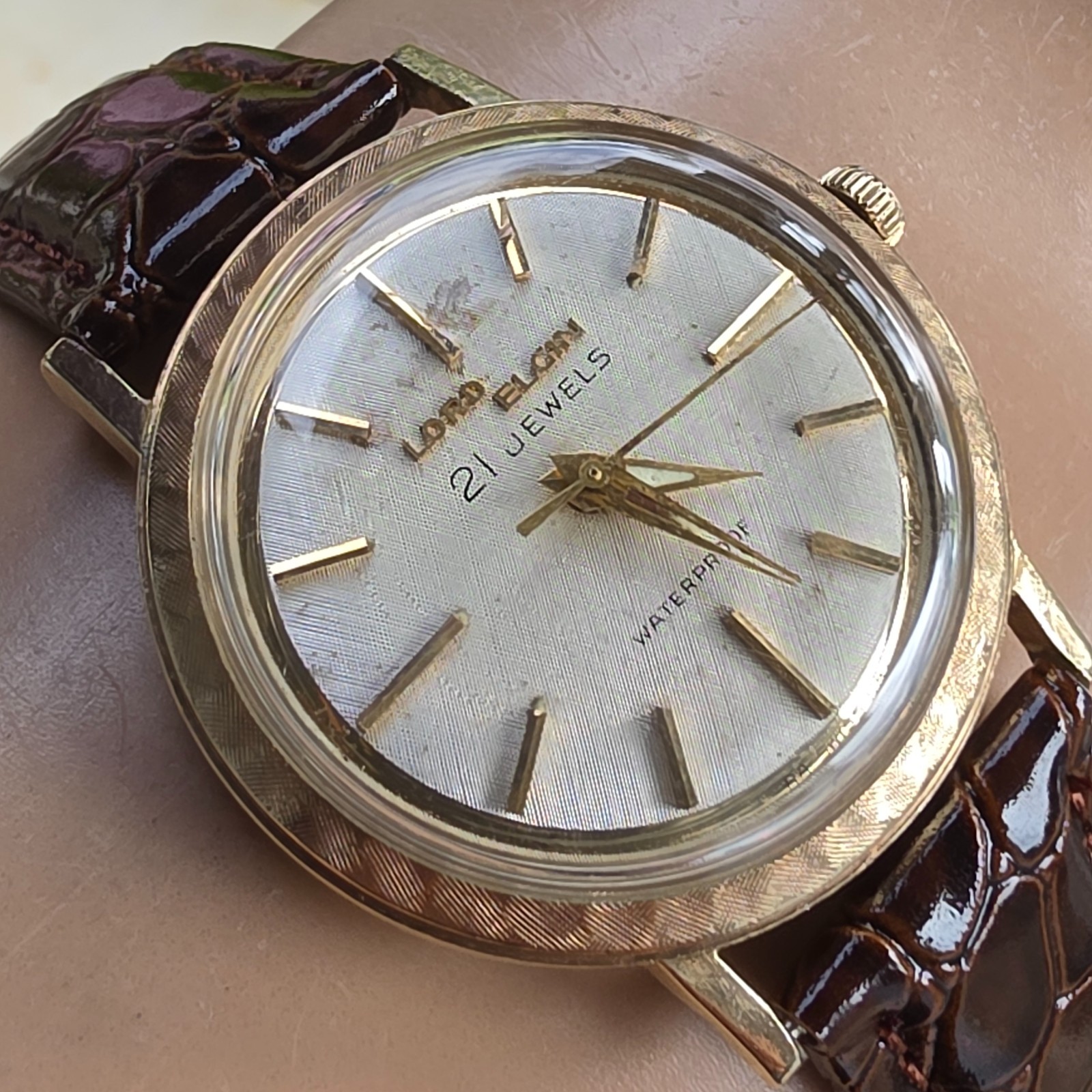 Vintage LORD-ELGIN men’s manual wind watch 10K RGP Linen dial 1960s