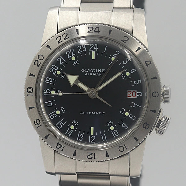 GLYCINE Airman GL0158 Auto Working Swiss 18.5cm 7.28in Black Dial Rare Japan