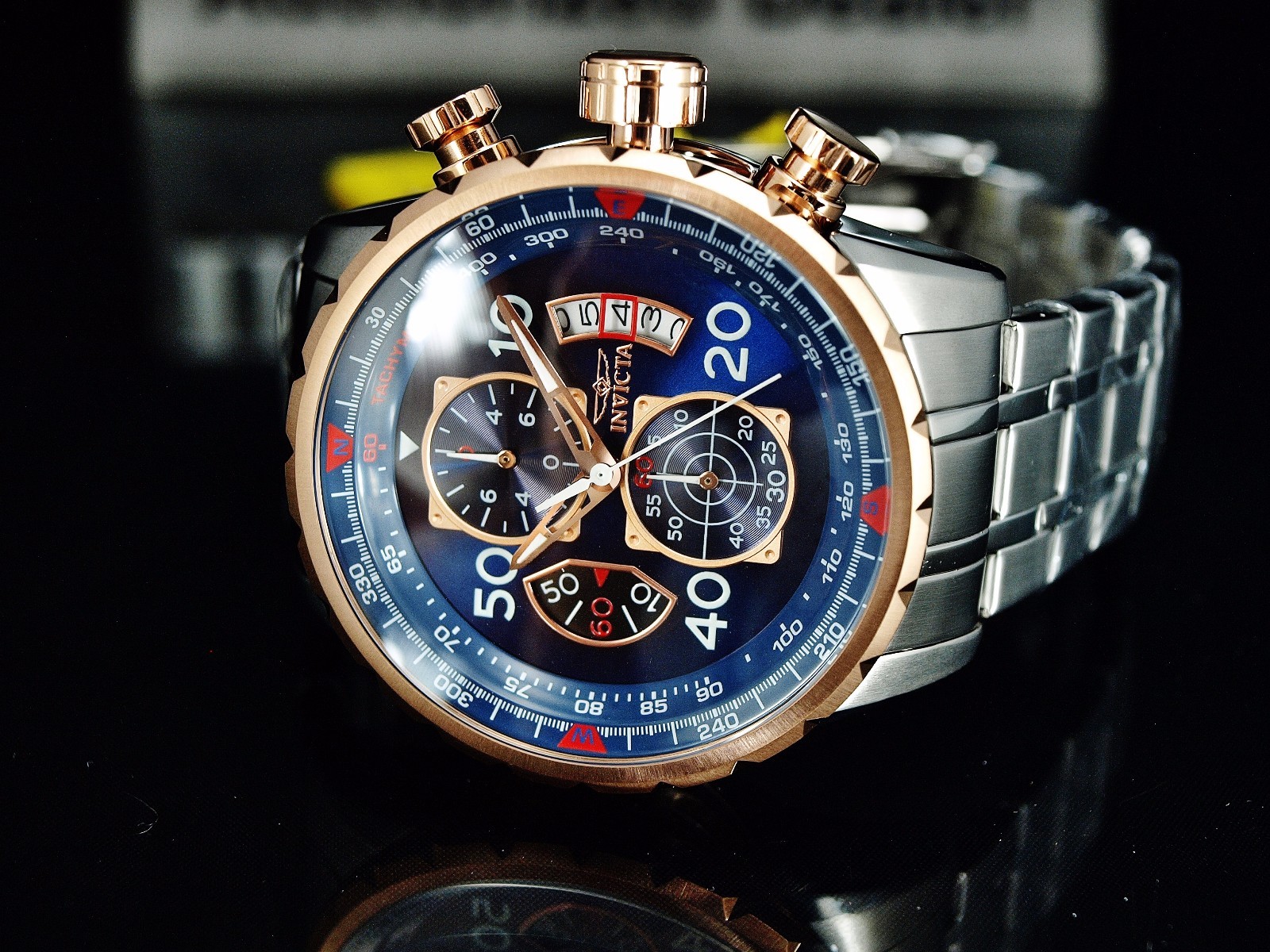 Invicta Men’s 48mm Aviator Chronograph Blue Dial 18K Rose Gold Plated SS Watch