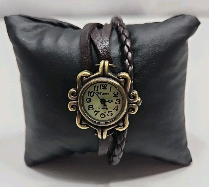 Women’s Brass Tone and Braided Black Leather Band and Butterfly Charm Wristwatch