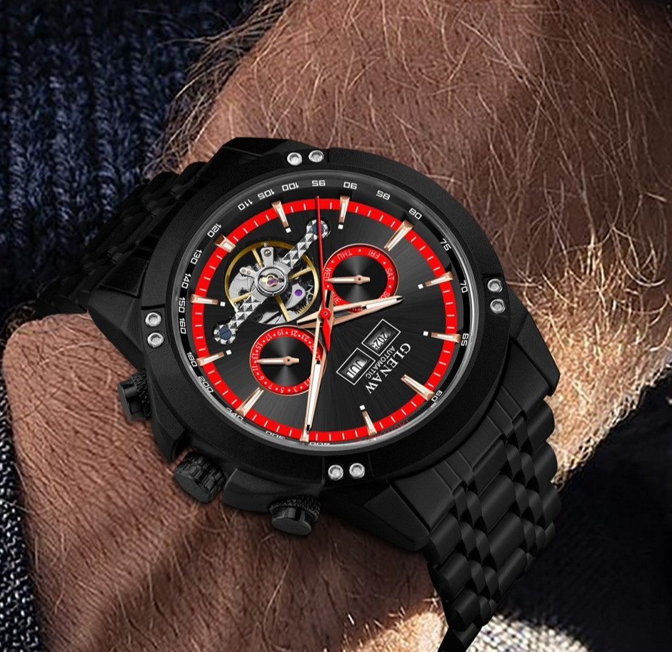 GLENAW men’s automatic mechanical watch skeleton calendar dial luminous hands