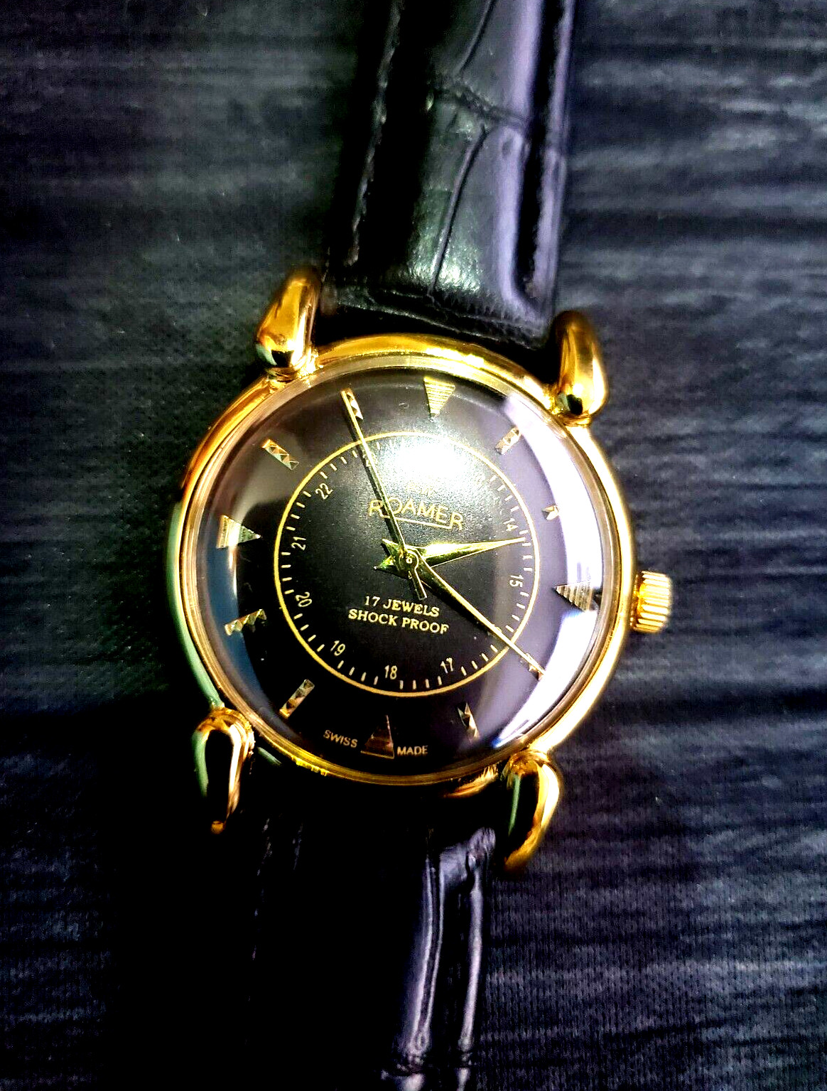 RARE Roamer Shock Proof Mechanical Swiss Watch Restored Serviced GLD-BLK-BLK