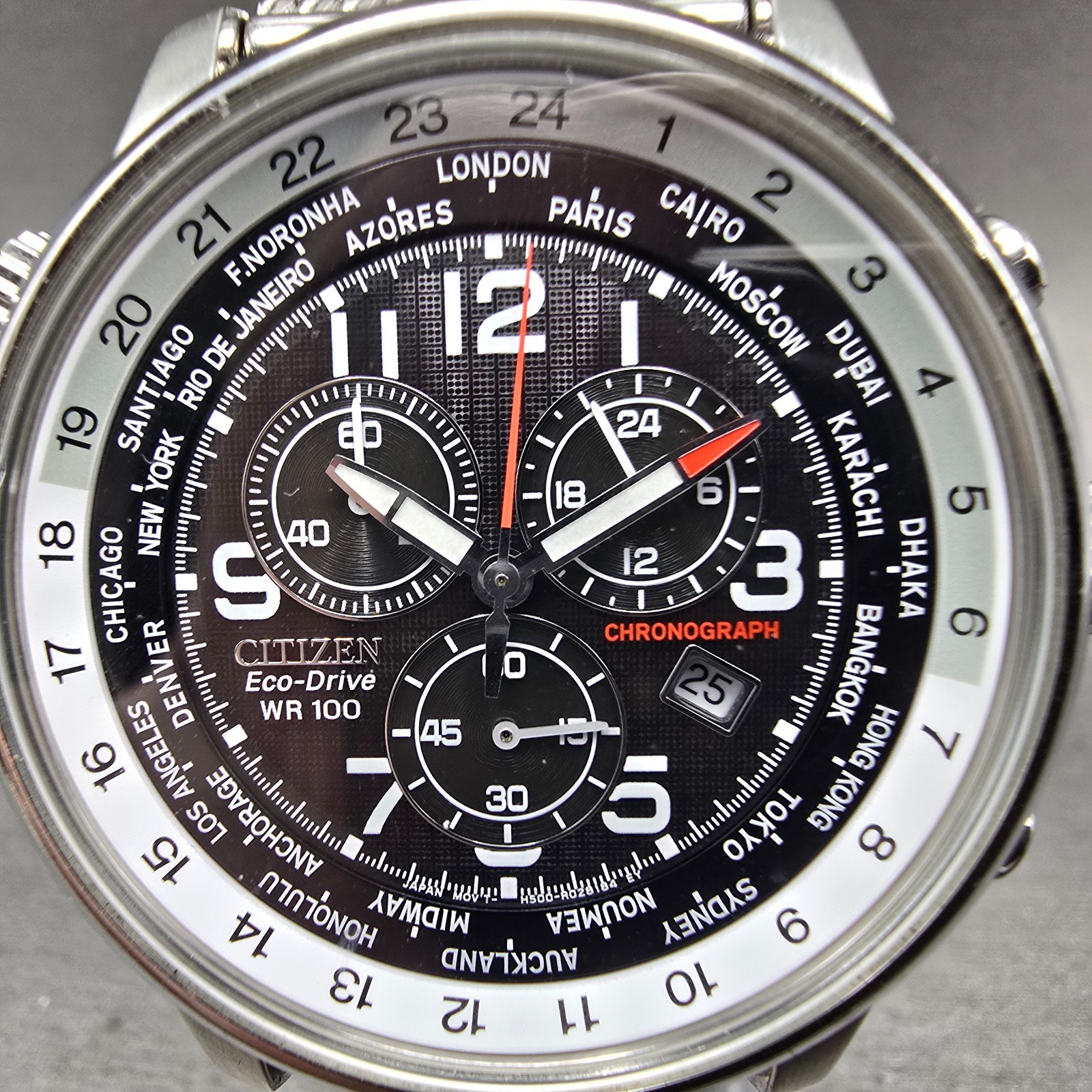 Citizen Eco-Drive World Timer Watch Men 43mm Black Dial Silver Tone Chrono Runs