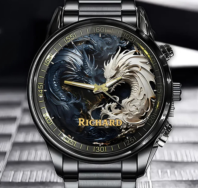 Personalized Yin and Yang Dragon Mythical Design Black Stainles Steel Watch