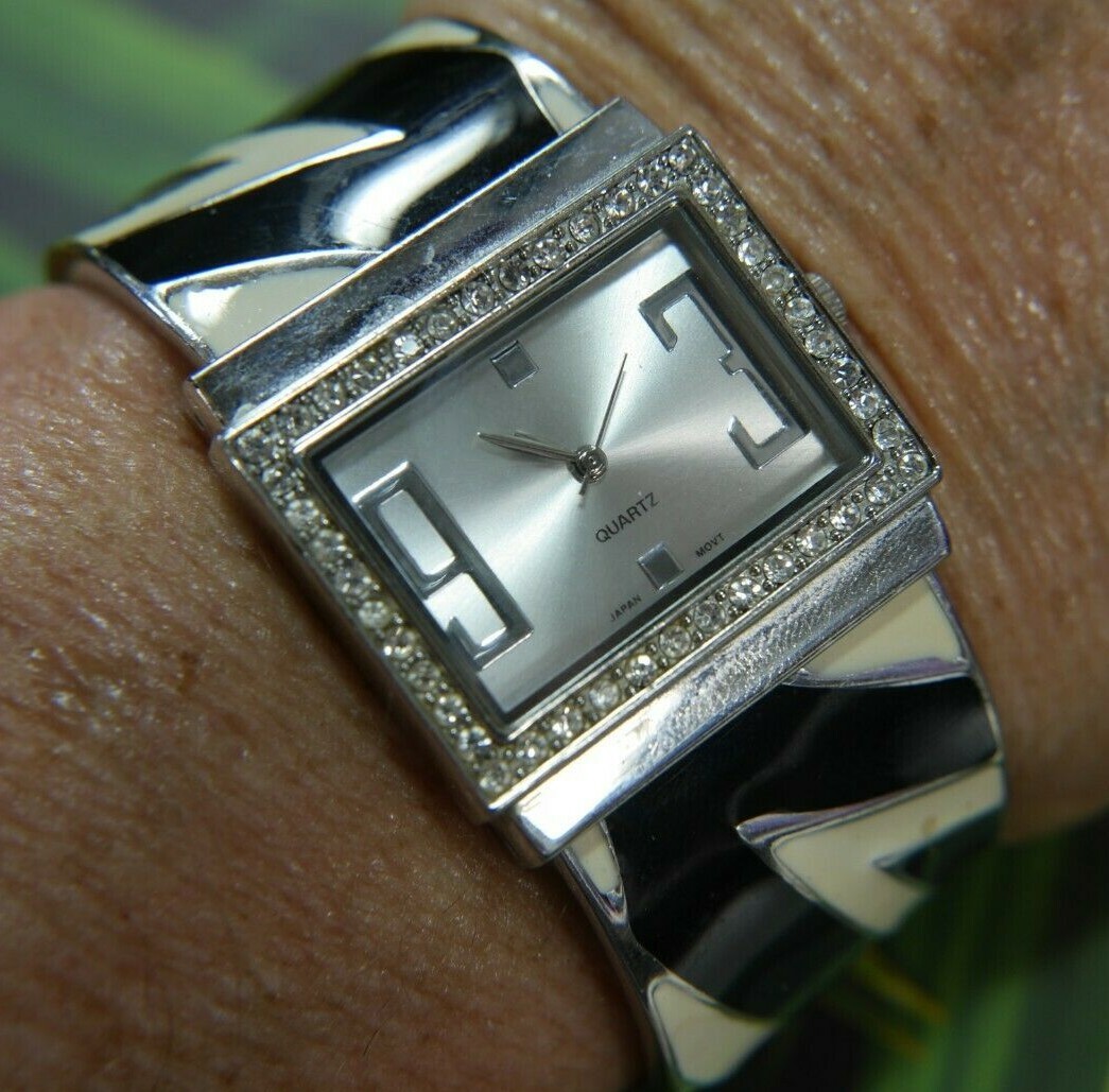 Vintage Black & Off White enamel White Rhinestone Silver Tone CUFF WATCH A20