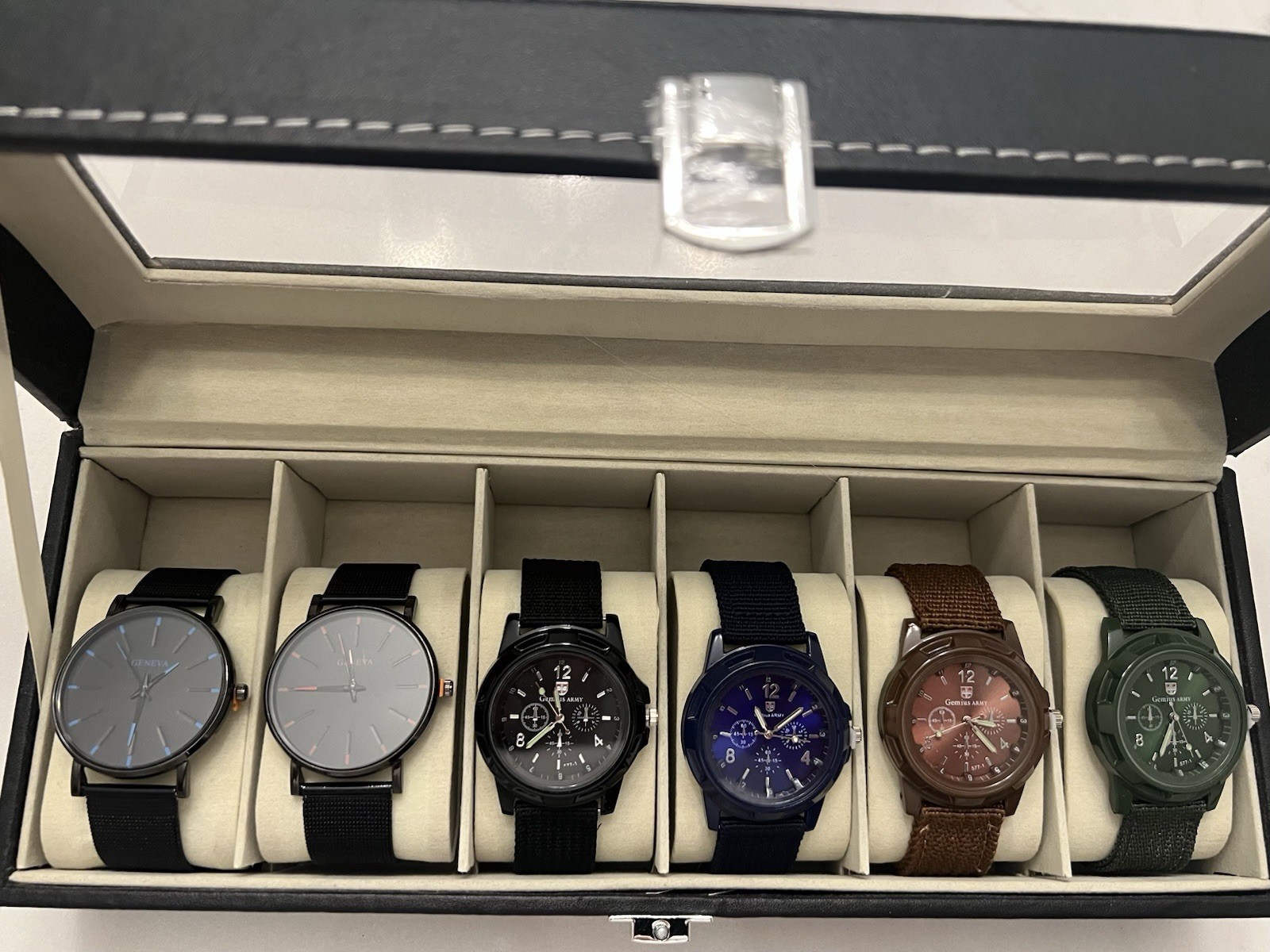 (6) New Geneva & Gemius Army Black Green Blue Brown Watch Collection W/ Show Box