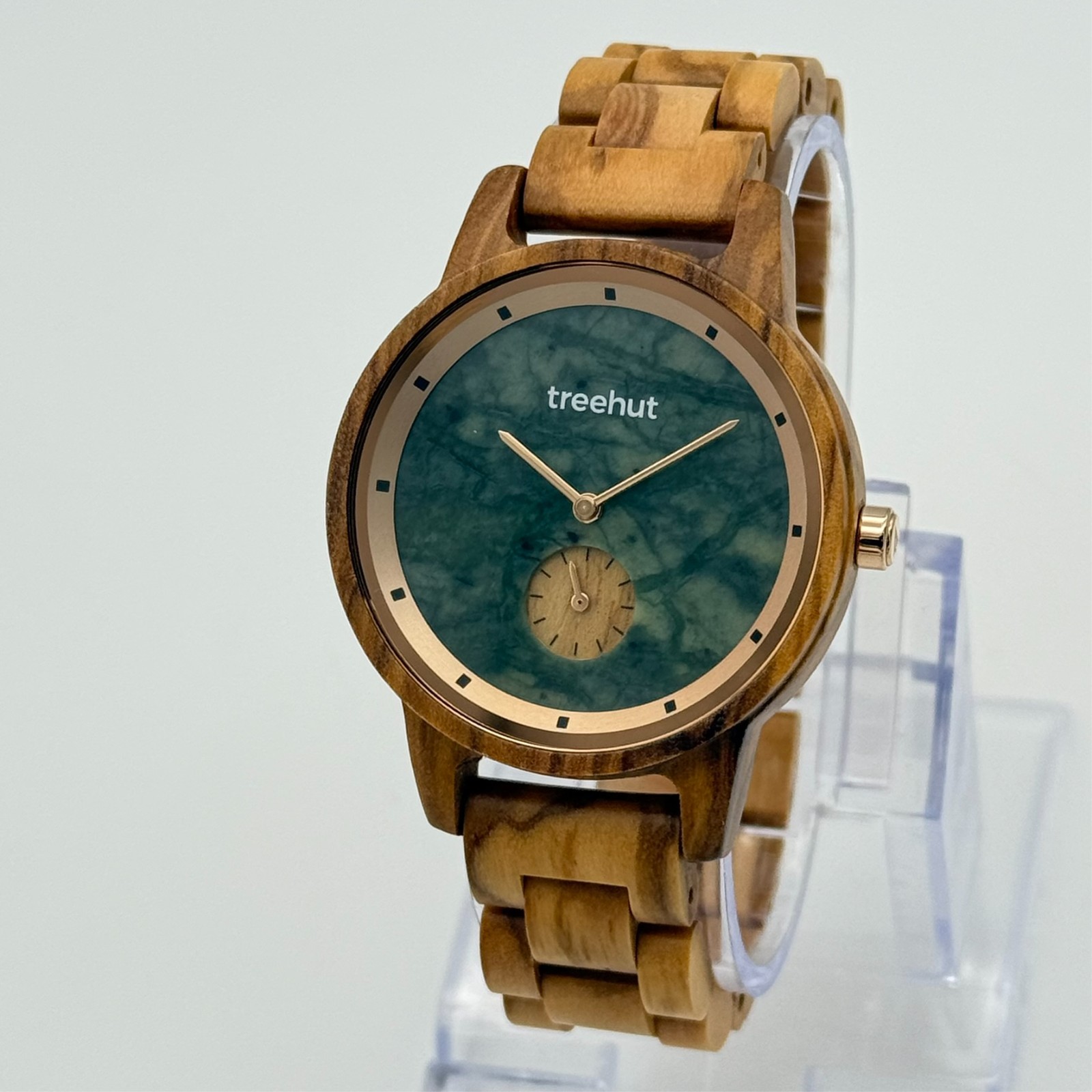 Women’s TREEHUT Wood Bracelet Watch, Green Dial, Rose Gold Tone Accents, 38mm