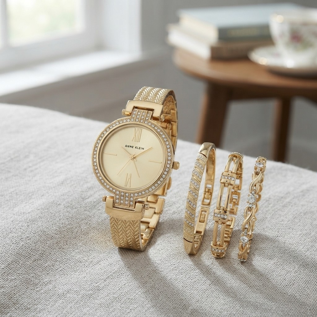 Women’s Gold-tone Watch & Crystal Bracelet Set – Water Resistant