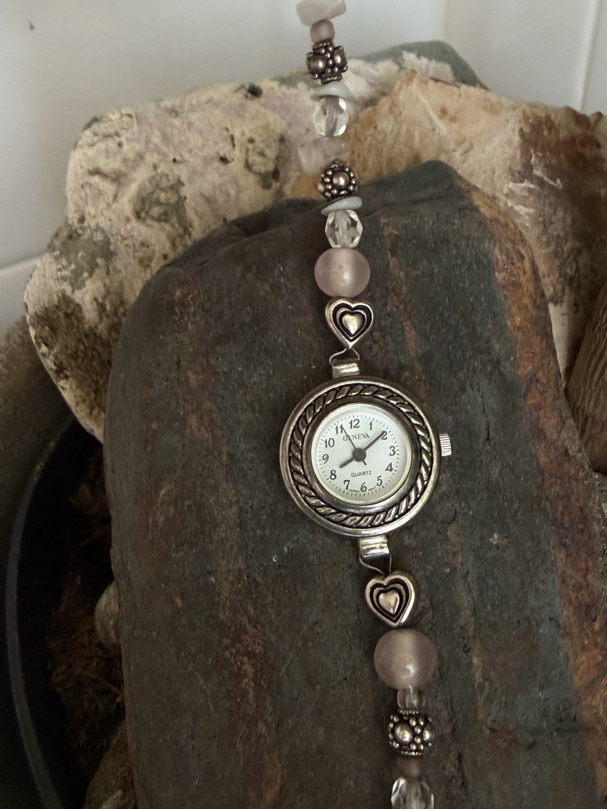 VTG Rose Quartz Sterling Silver 925 Bracelet Watch Handmade Artisan Heart Charm