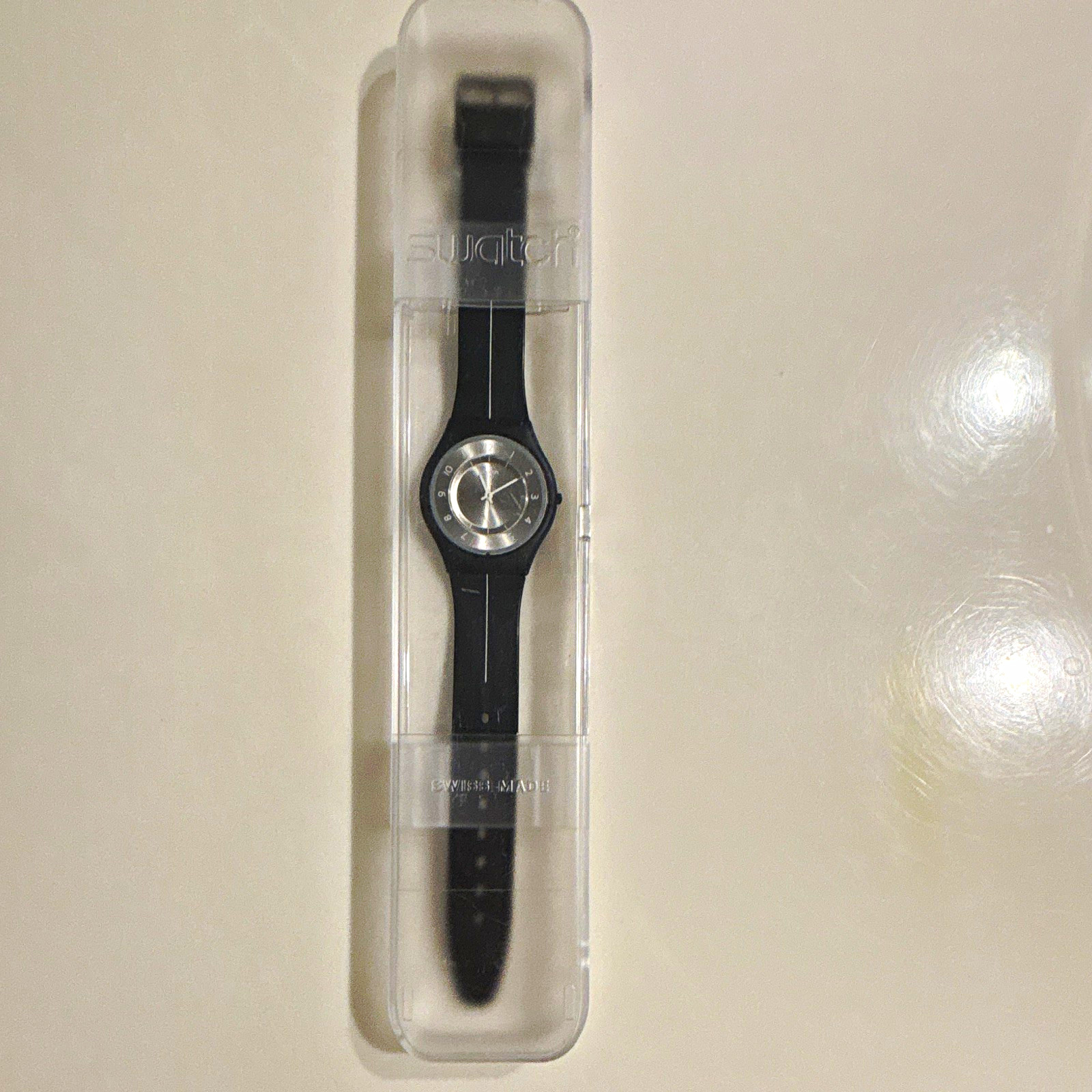 Swatch Swiss Made Black Plastic Analog Wristwatch, Silver Dial, w/ Box