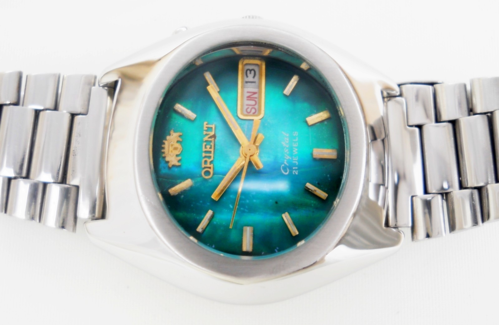 Vintage Orient Crystal 3 Star Automatic 21 J Emerald Green Cracked Ice Sunburst