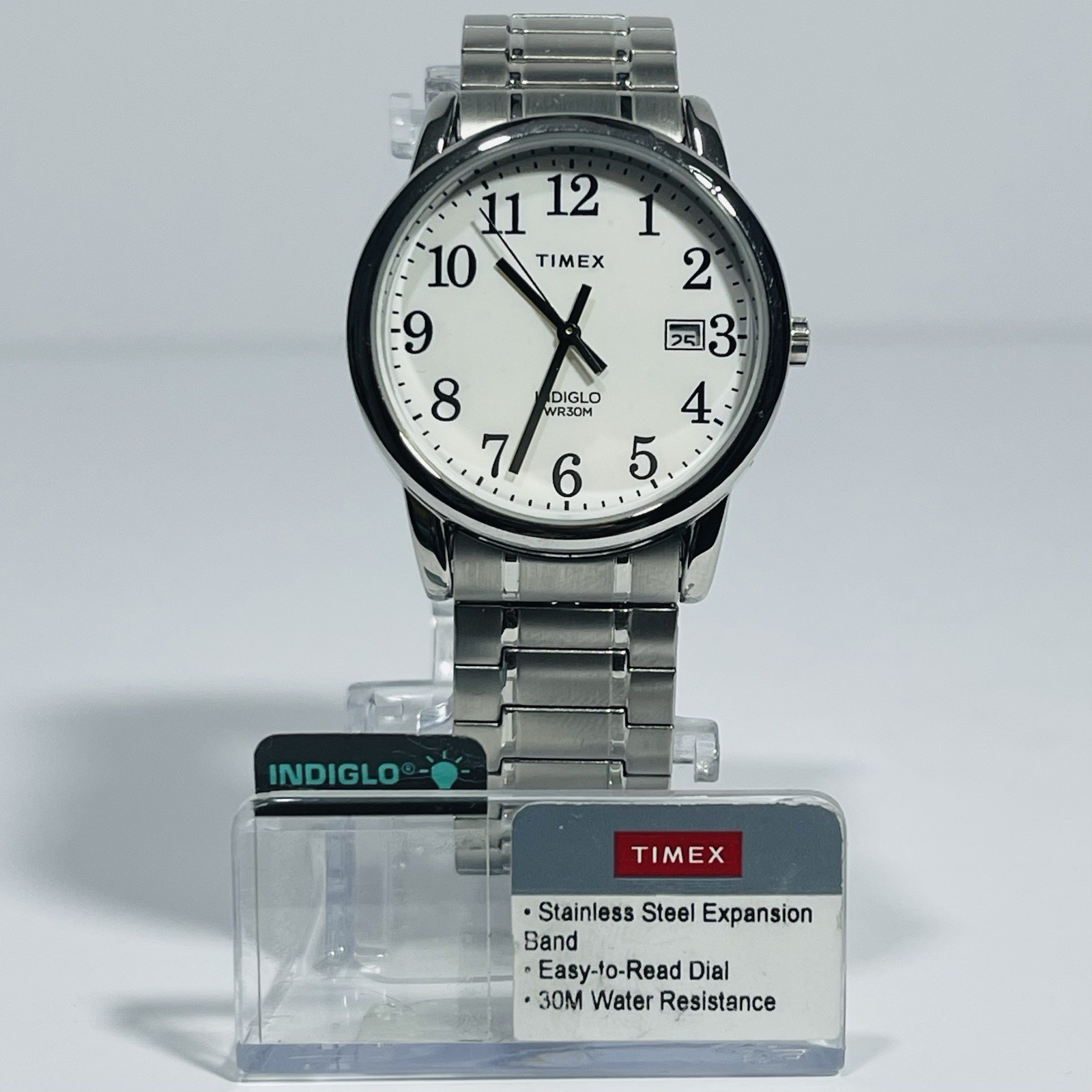 New Timex Easy Reader Men’s Watch Silver Tone 35mm Date Indiglo Expansion Band