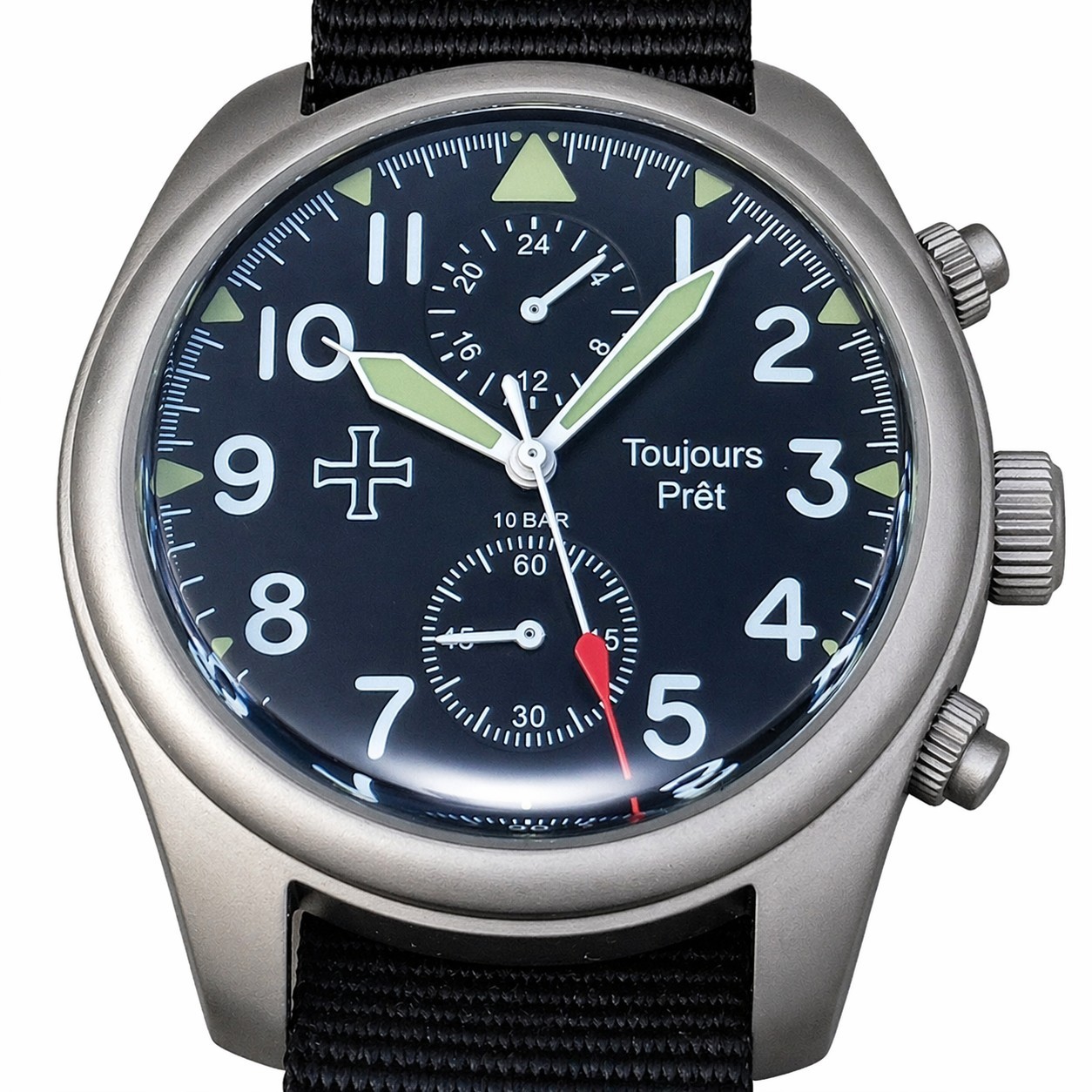 Toujours Pret GMT military field watch. Blasted stainless steel – domed crystal