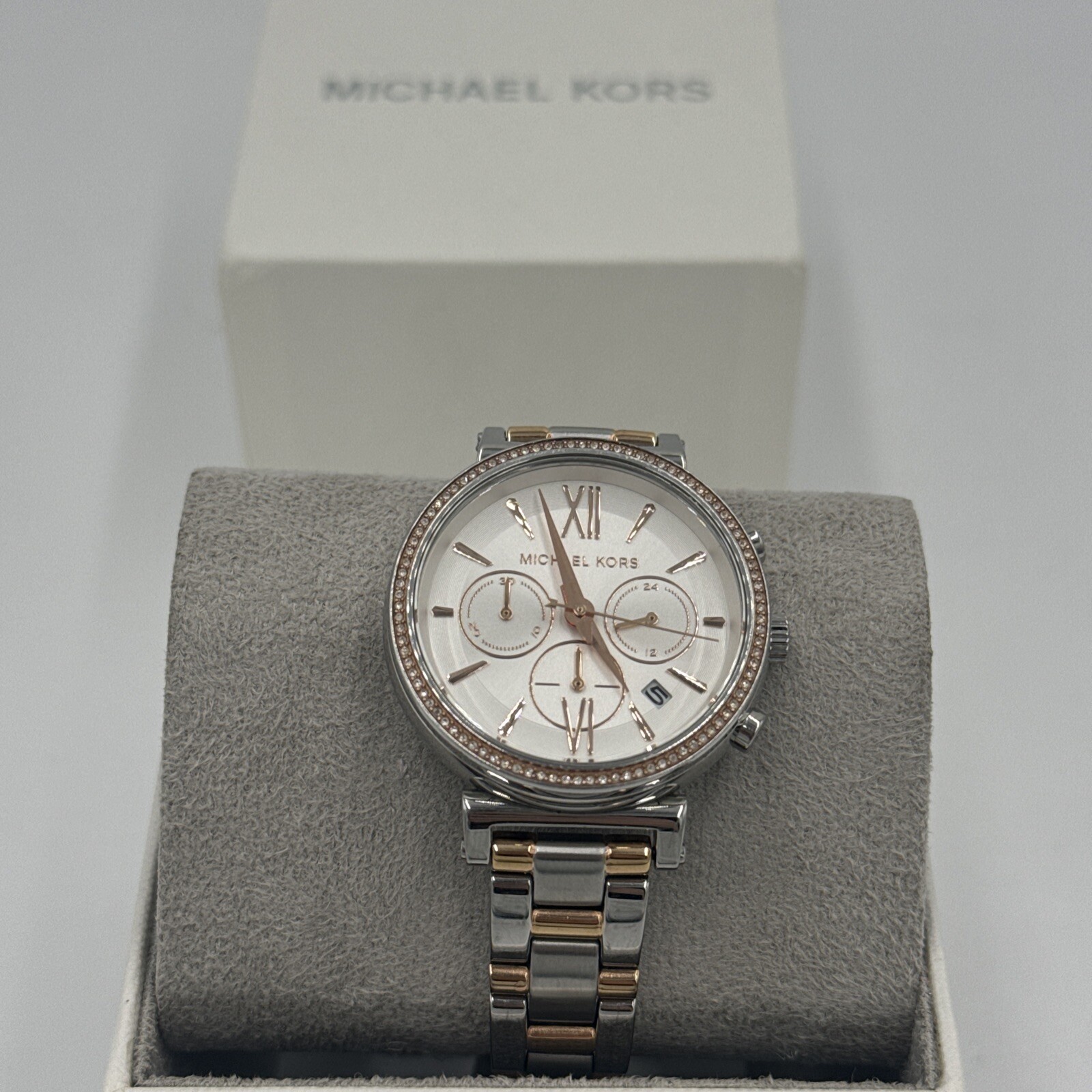 Michael Kors Watch Womens 39mm Chronograph Rose Gold Silver MK-6558 Preowned