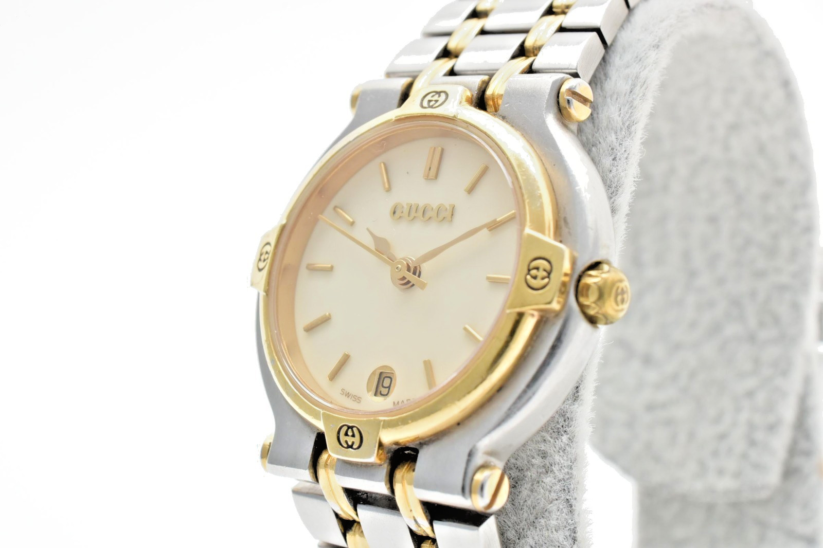 Vintage GUCCI 9000L Gold Ivory Dial Date Two-Tone Qz Women’s Watch From JAPAN