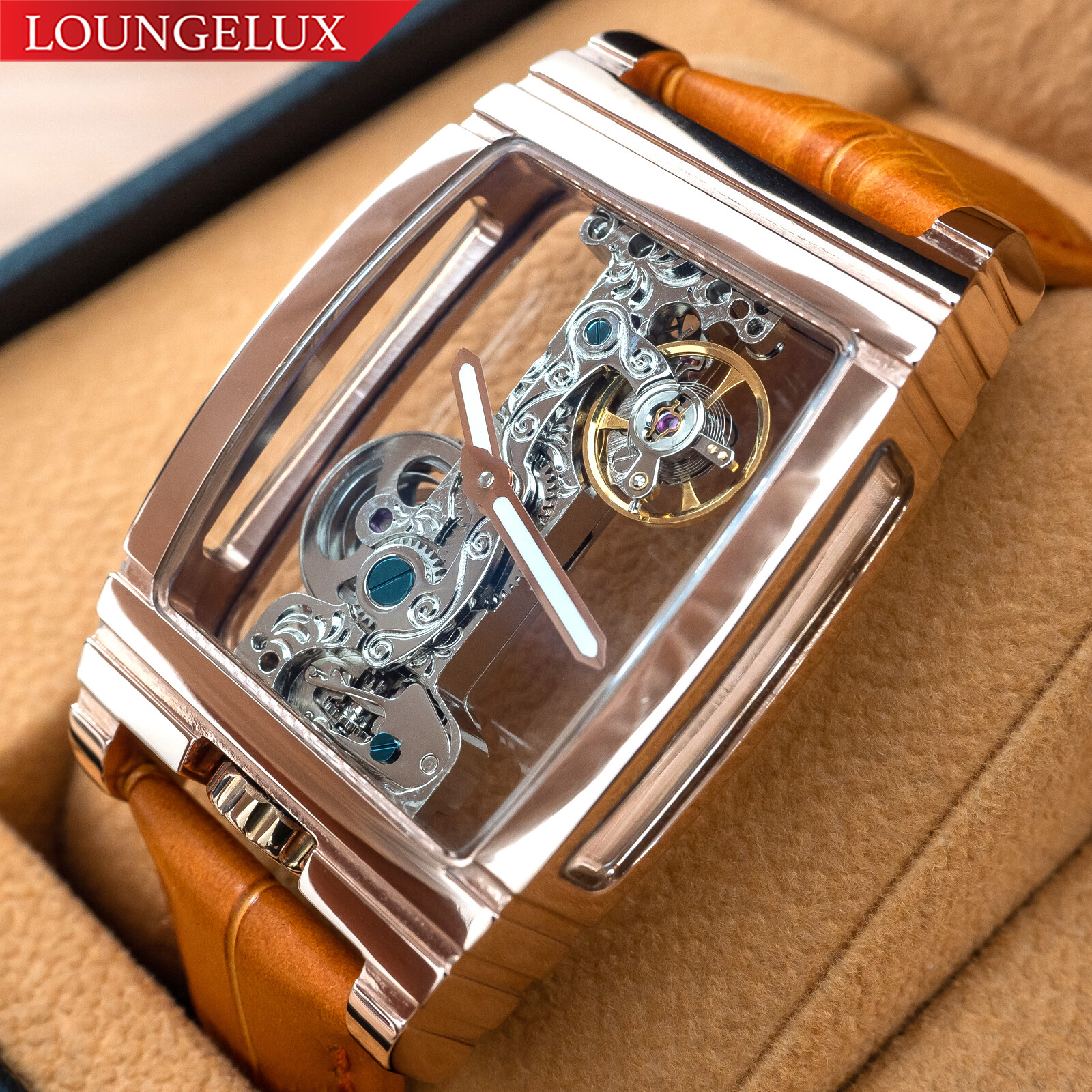 Mens Rose Gold Bridge Manual Mechanical Watch – Orange Leather DIASTERIA 1688