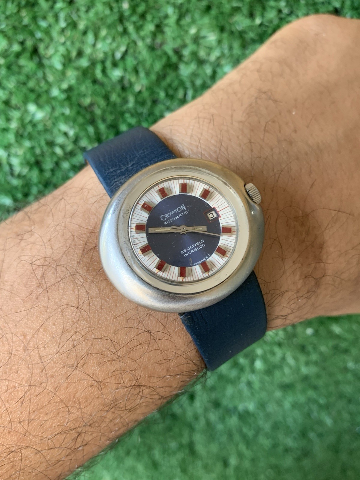 Crypton Automatic Mechanical Watch 25 Jewels Date Blue 37mm 1970s Vintage Red