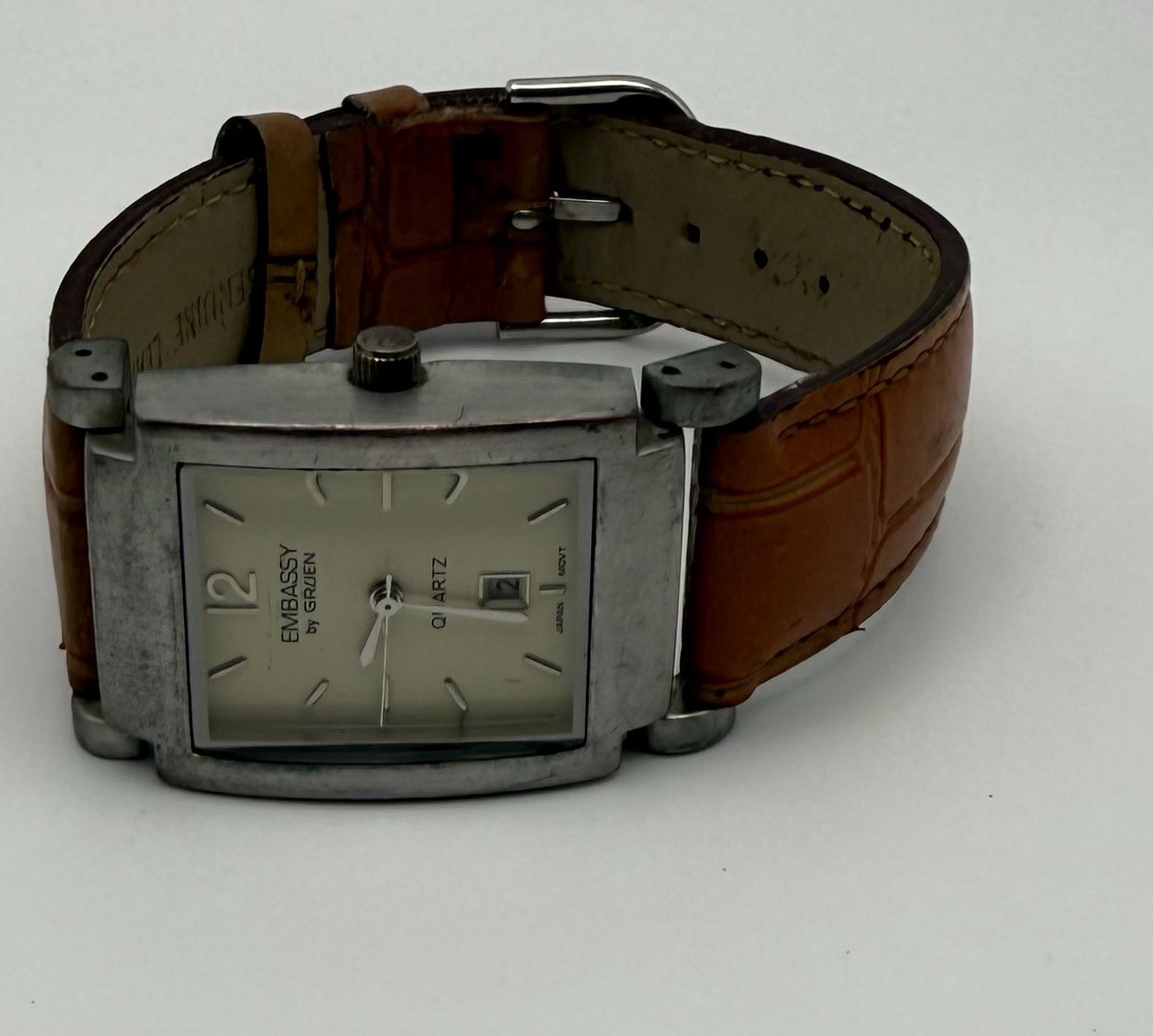 Gruen Embassy Quartz Silver Dial Silver Rectangular Case Date Brown Leather
