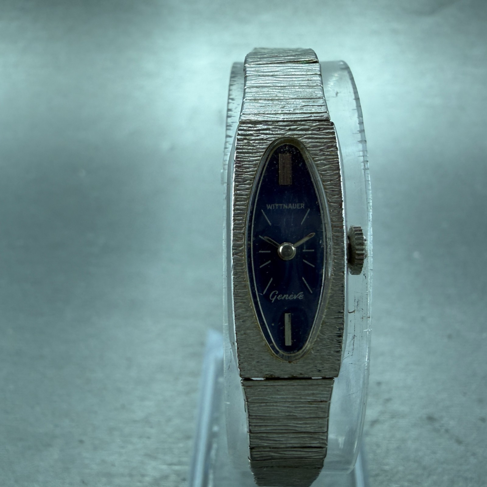 Wittnauer Geneva Tank Watch Women 11mm Blue Dial Silver Tone Manual Runs Vintage