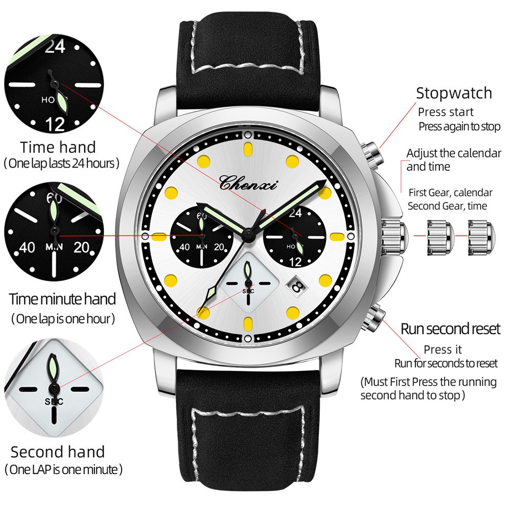 CHENXI Men Quartz Watch Chronograph Wristwatch 24Hours Weekday Boy Sport Watches