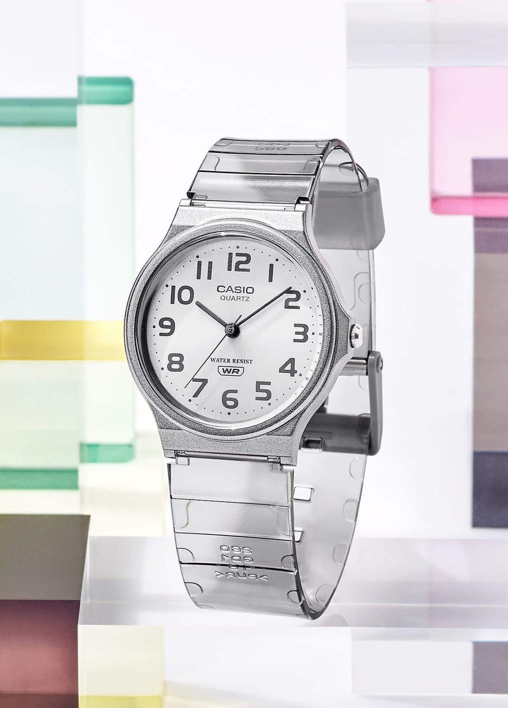 CASIO MQ-24S-8B Analog Clear Transparent Watch Sunburst Silver Dial Resin 35mm