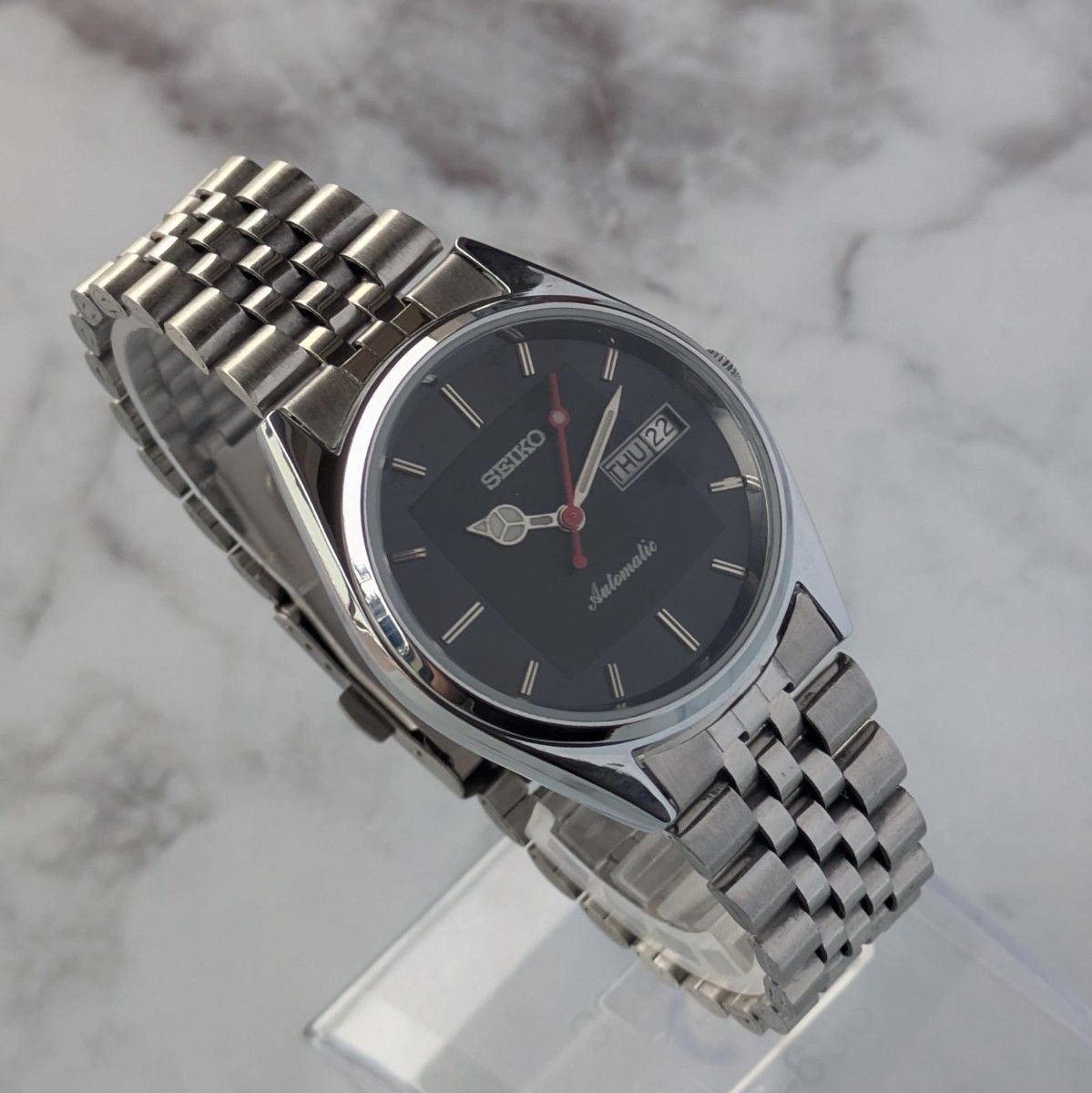 Working SEIKO Automatic 80s Vintage Black Dial Bar Index Ripple 3 Hands Skeleton