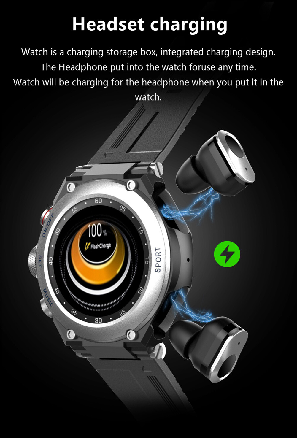 2 IN 1 Smart Watch with Bluetooth Earphone Call Music Waterproof Smartwatch