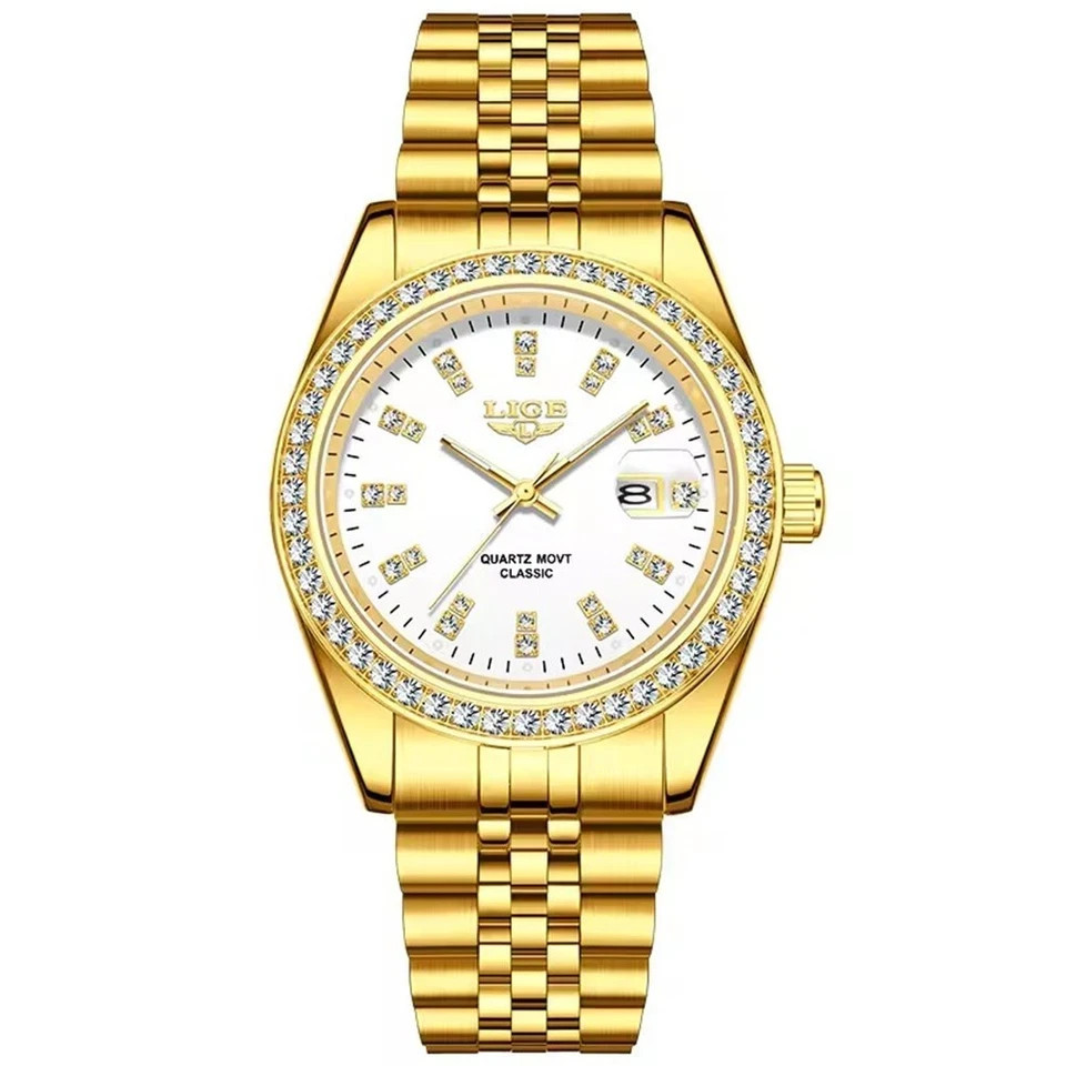 LIGE Men Quartz Watch Full Gold Steel Wristwatch Male Business with Date Watches