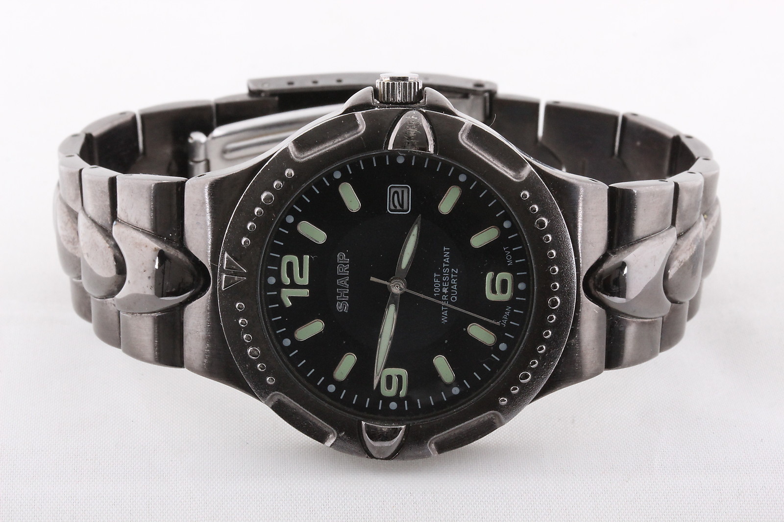 SHARP JAPAN MOVT 100FT WR SHP2091 351 QUARTZ GUN METAL GREY BAND WRISTWATCH 6083