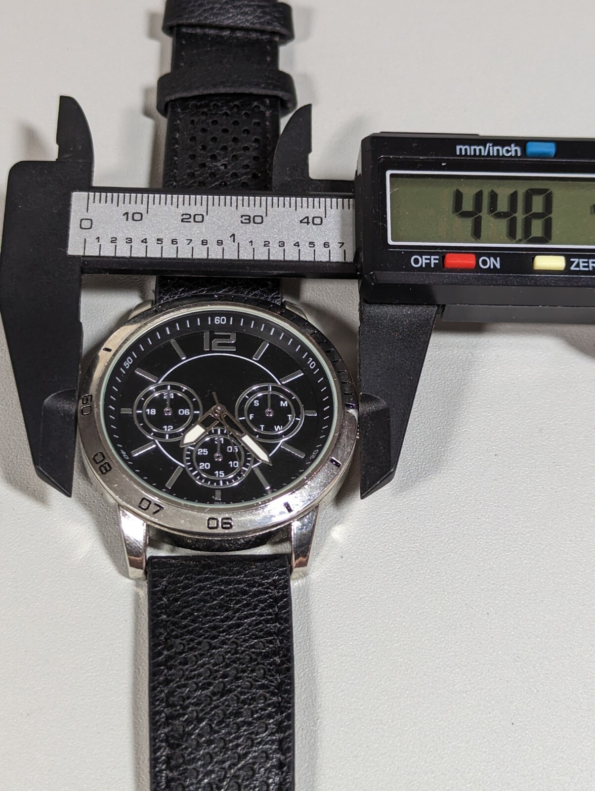 Black Dial Round Silver Tone Case Black Faux Leather Band Watch