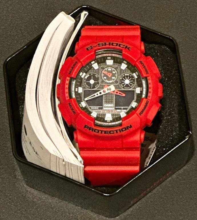 Casio G-Shock GA-100B-4A Red Analog Digital Watch New w/ Tin Box & Tags