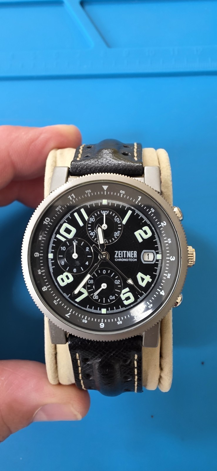 Zeitner Chronotech Chronograph Men’s Watch Black Dial Leather Strap Date Quartz