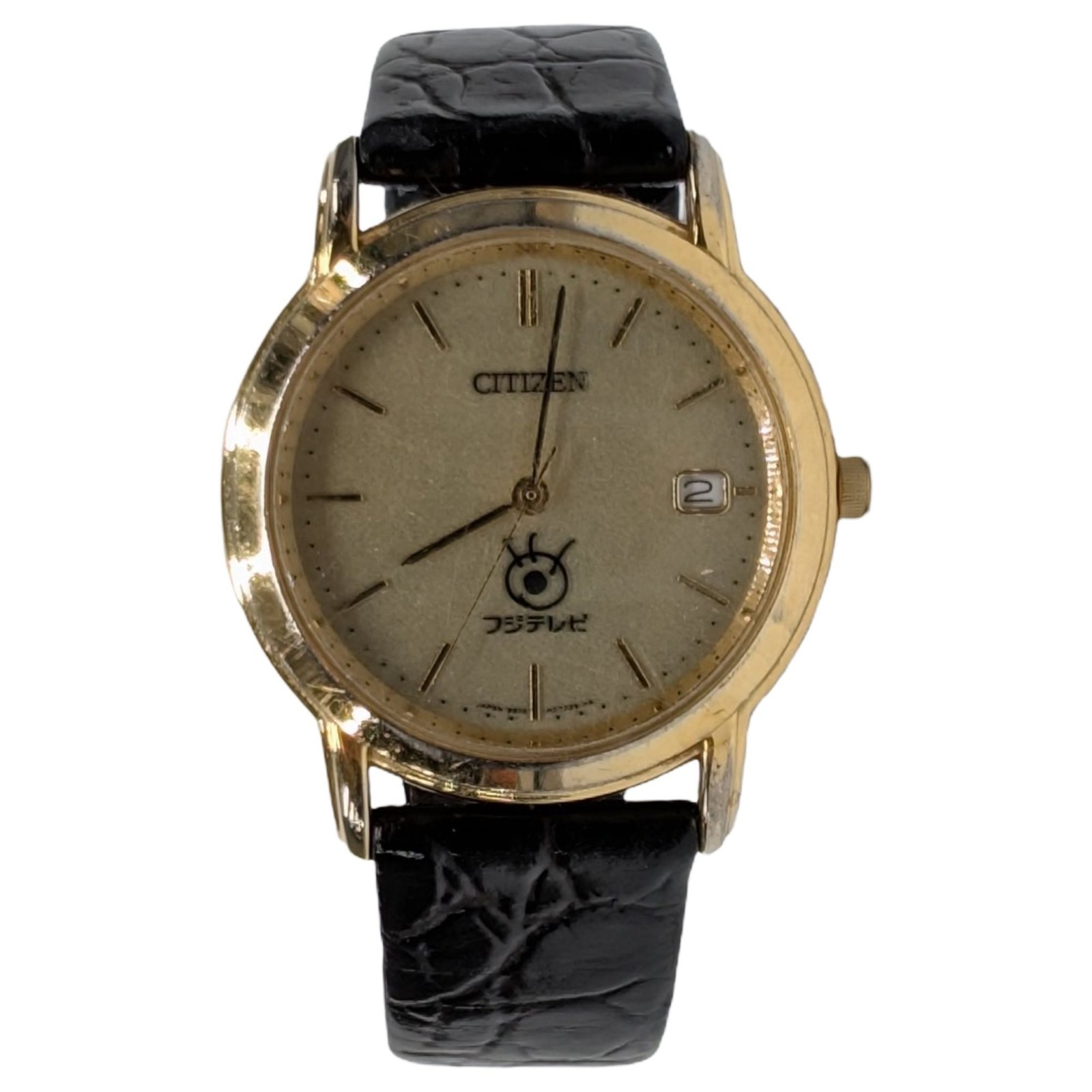 Citizen Eco Drive Watch Fuji TV B810 Womens Gold Black Stainless Leather 40 MM