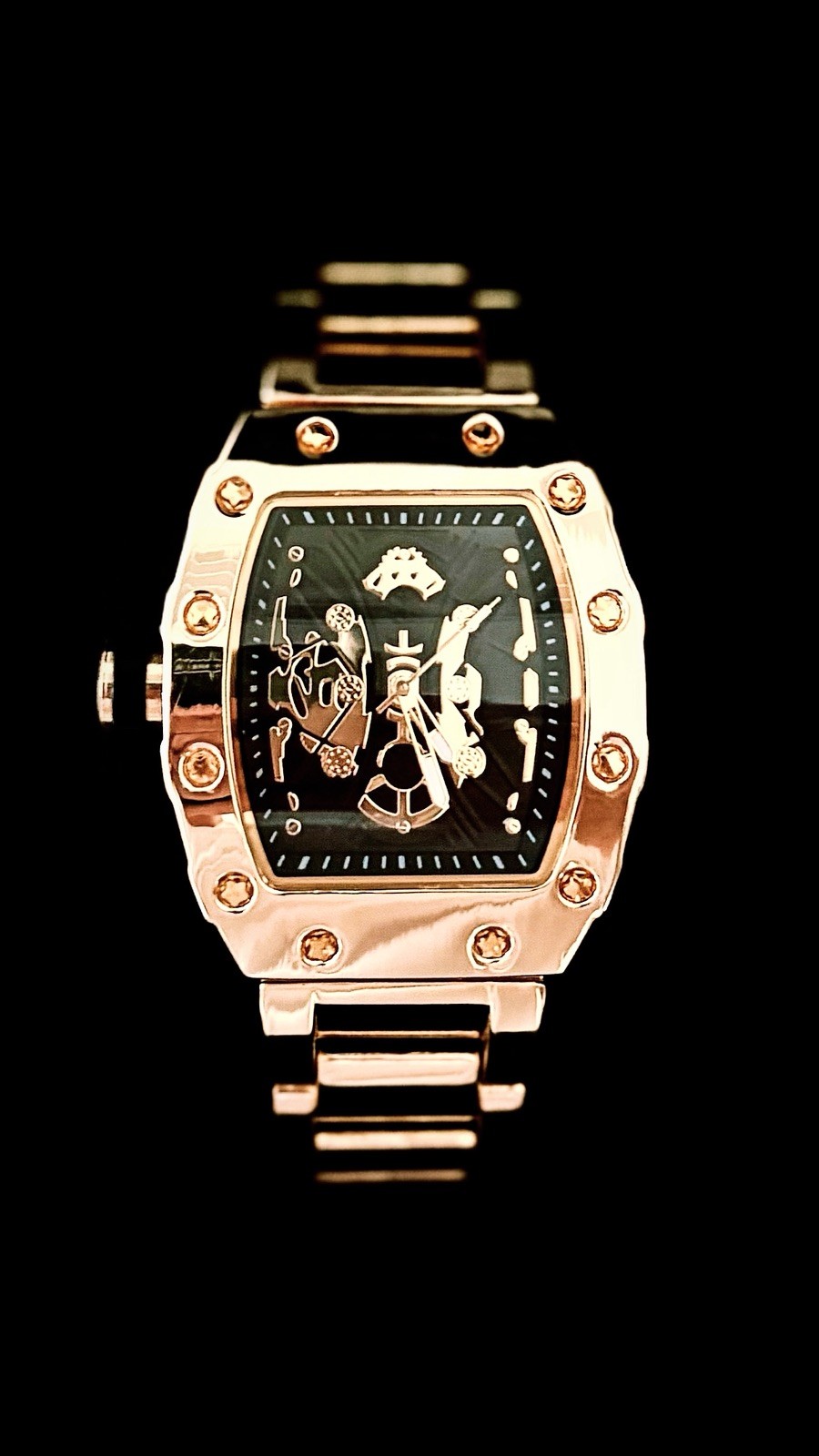 Men’s Gold/Silver/Black Skeleton Luxury Bling Metal Strap Tonneau Watch Gift Set