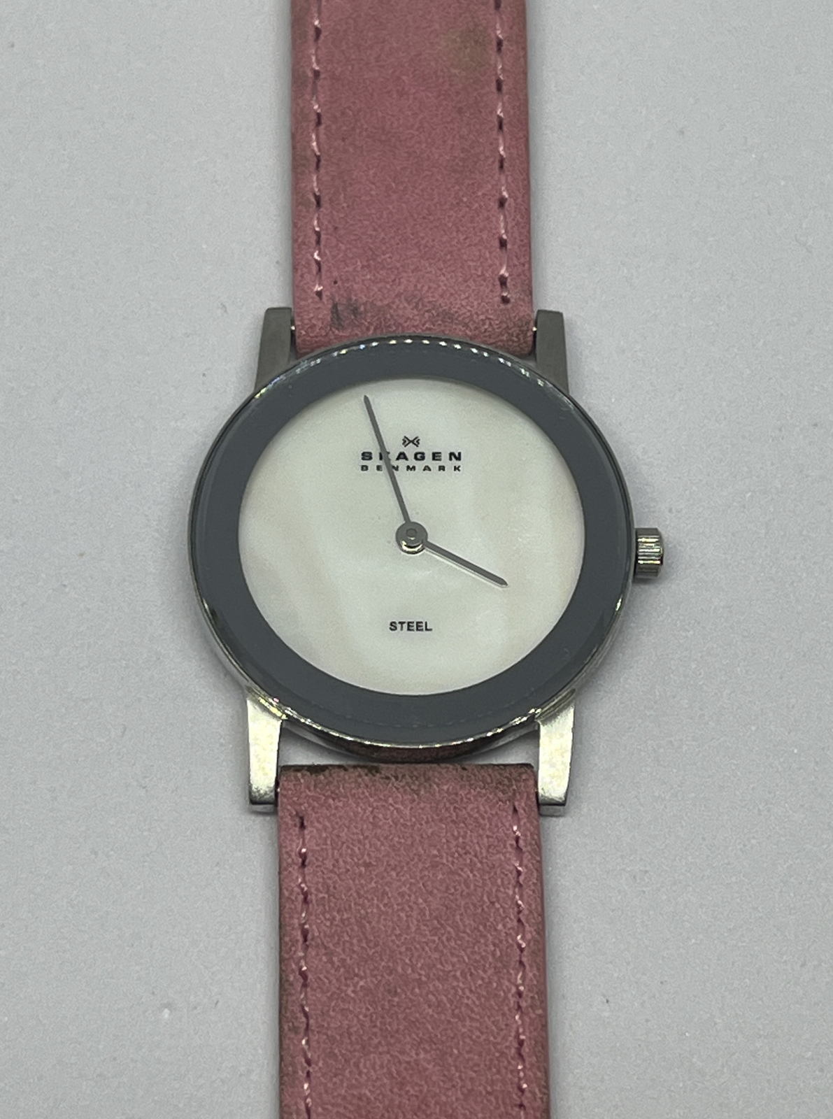 Women Skagen Watch Freja Steel Silver Case Pink Leather Band White MOP